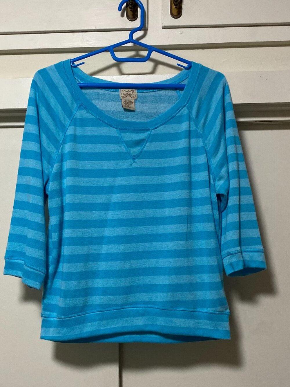 Eyelash Couture, 3/4 length sleeve, light & dark turquoise striped top, size L